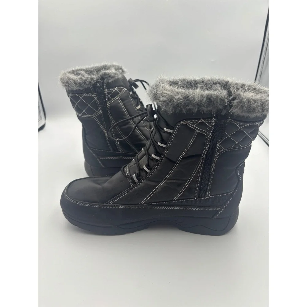 Totes Womens Black Winter Boots Faux Fur Trim Bungee Lace Side Zip Size 8W